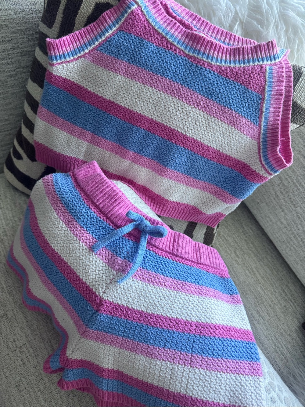 Sara Sara Striped Knit Undershirt & Shorts Set — Pink, Blue & White